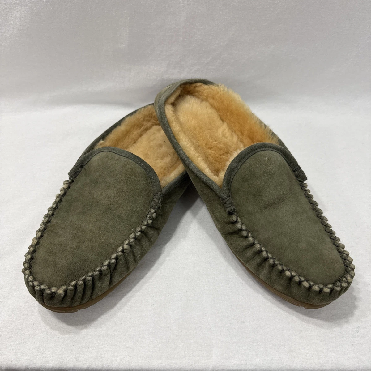 LL Bean Shoes Mens 11 Gray Green Quilted Nylon Slip On House Slippers Comfort L.L. Bean Slipper Shoes Mens Size 11 Green Suede Shearling  main image 2