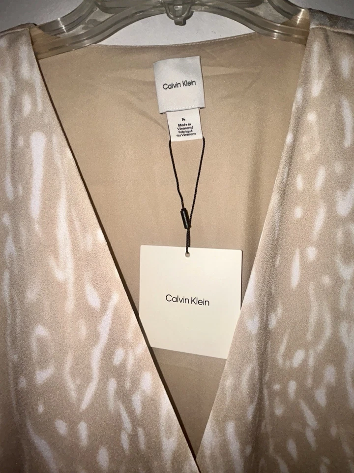 NWT Calvin Klein Beige/White Women's Long Sleeved Wrap Dress Size 16 - Image 4 of 4