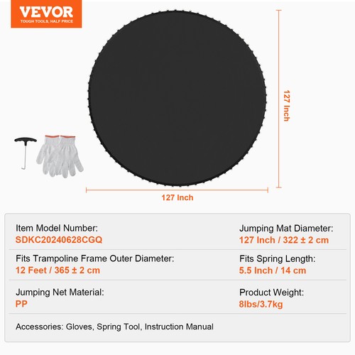 VEVOR Replacement Trampoline Mat Fits 12ft Frame 72 V-Rings 5.5" Spring Length - Picture 7 of 12