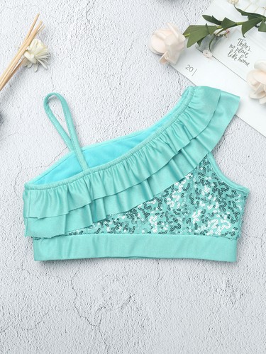 Girls Sequined Ruffled Ballet Dance Crop Top Modern Jazz One Shoulder Cami Vest - Picture 49 of 66