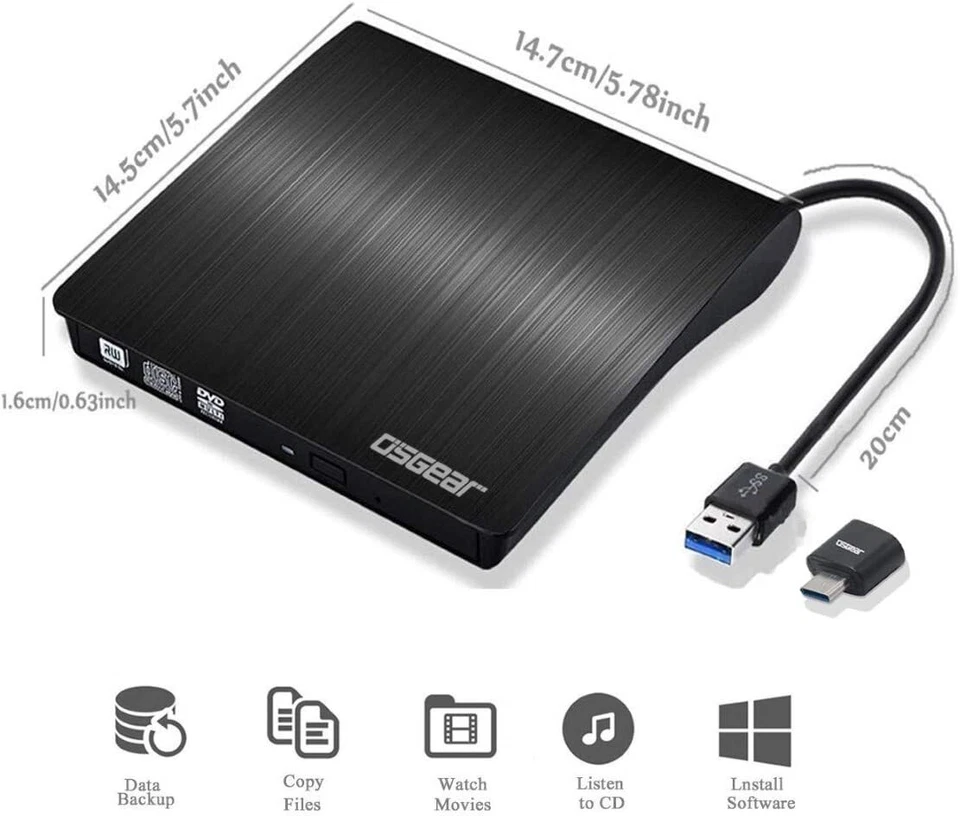 Slim External CD DVD RW Drive USB 3.0 Writer Burner Player Black For Laptop PCS - Image 4 of 4