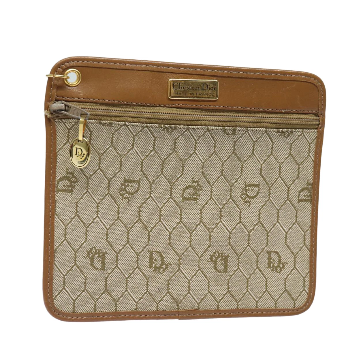 Christian Dior pochette toile nid d'abeille PVC cuir beige authentique ti1806