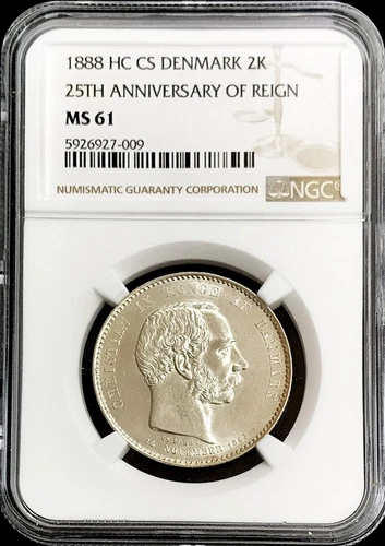 1888 CS SILVER DENMARK 2 KRONER CHRISTIAN IX SILVER JUBILEE NGC MINT STATE 61