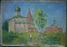 Ukrainian Soviet Oil Painting postimpressionism architecture figures   