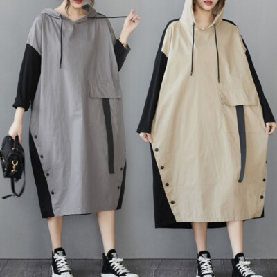 2022 Womens Hooded Design Patchwork Loose Casual Dresses Vintage Street  Vestidos | eBay
