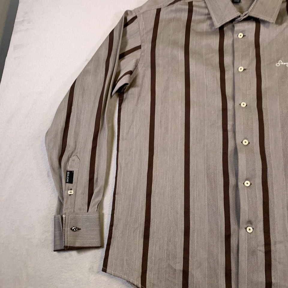 Sean John 衬衫男式大号棕色色调对角线条纹棉质 LS 纽扣正面 — 第 3/4 张图片