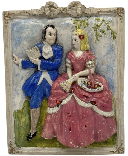 Vintage Chalkware 3D Wall Plaque Courting Couple Hand Painted 8.5” x 10.5” - Picture 2 of 15