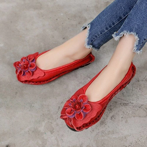 Leather Flat Shoes Women Flats with Flowers Ladies Soft Shoes Loafers Slip On - Imagen 15 de 21