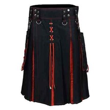 Scottish Handmade Hybrid Utility Kilt Men's Fashion Black  Orange cotton Kilt