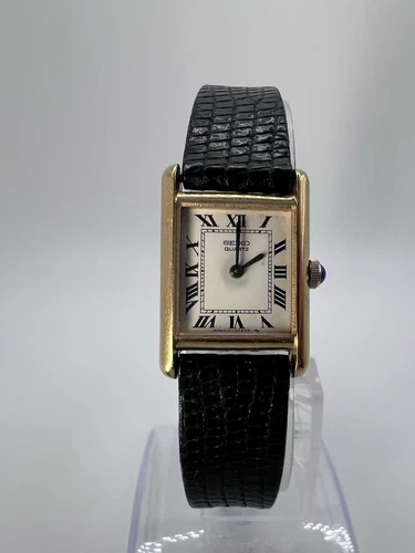 Vintage Seiko Slim Tank Womens Black Leather Wrist Watch Preppy Classy Oldmoney