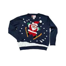 Merry Christmas Women's Santa Clause Ugly Christmas Holiday Sweater Blue Sz L/XL