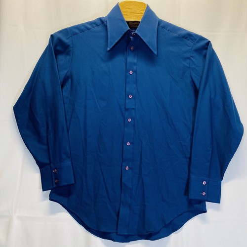 Vintage Sears Herren Store Perma-Prest Large blau Langarm Knopfleiste 70er Hemd - Bild 2 von 6