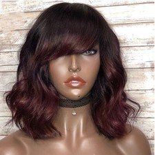 99j Ombre Short Wave Human Hair Scalp Top Wigs with Bangs Full Machine Made Wig