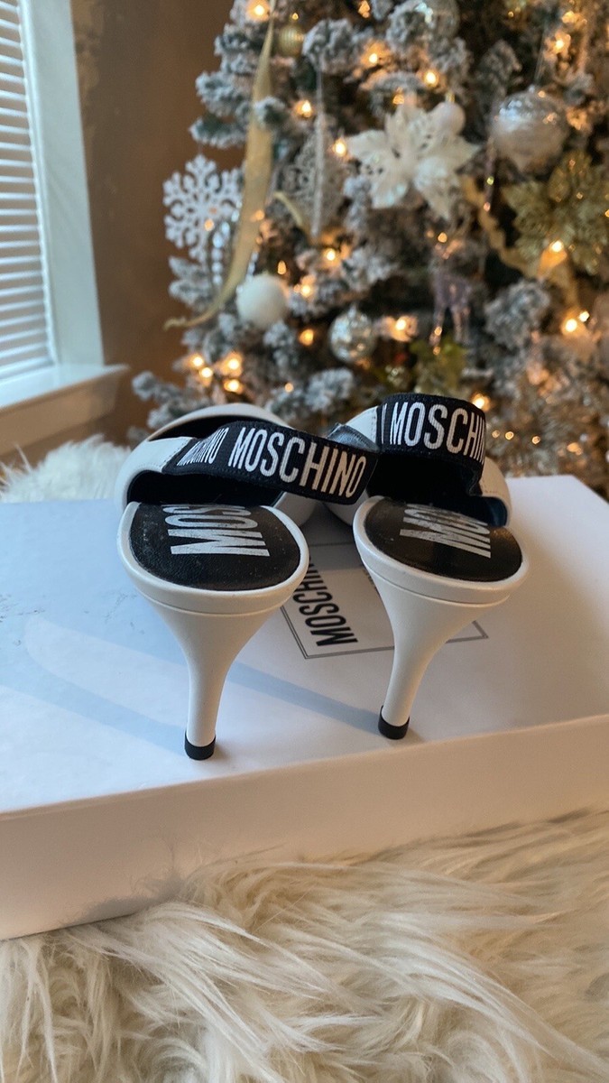 Moschino Slingback Logo Strap Heel Pumps White Black Leather