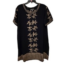 Island Feeling Black Tan Floral Batik Shift Dress Womens Size L Resort Coastal