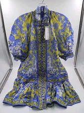 BRAND NEW - ZIMMERMANN Raie Lantern Mini Dress - Teal/Green - US Size 6 (#F2-B7)