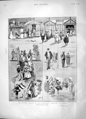 Original alter antiker Druck 1897 Ferienzeit Kontinent Ostende Meer Strand