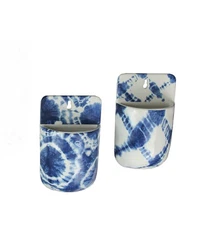 Set of 2 Blue and White Shibori Style Dyed Ceramic Wall Pocket Hangings