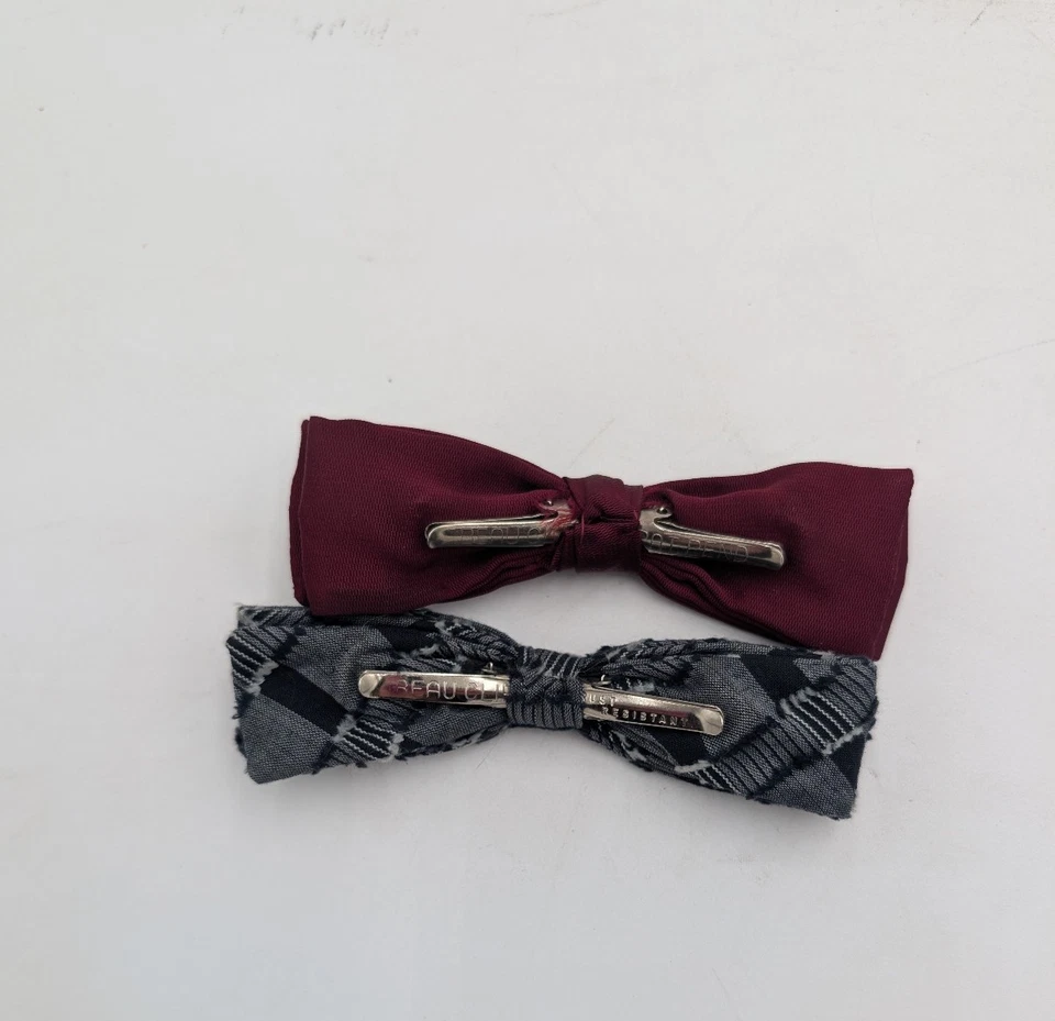 Vintage Bowtie Set Of 2 Clip On Skinny Bowties Gray Maroon Beau Clip - Image 3 of 4