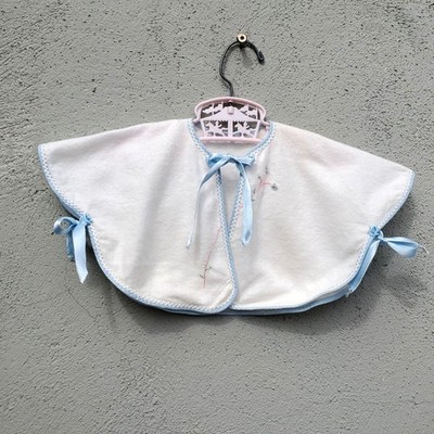 Vintage Baby Cape White Flannel with Blue Ribbon Trim Hand Embroidery