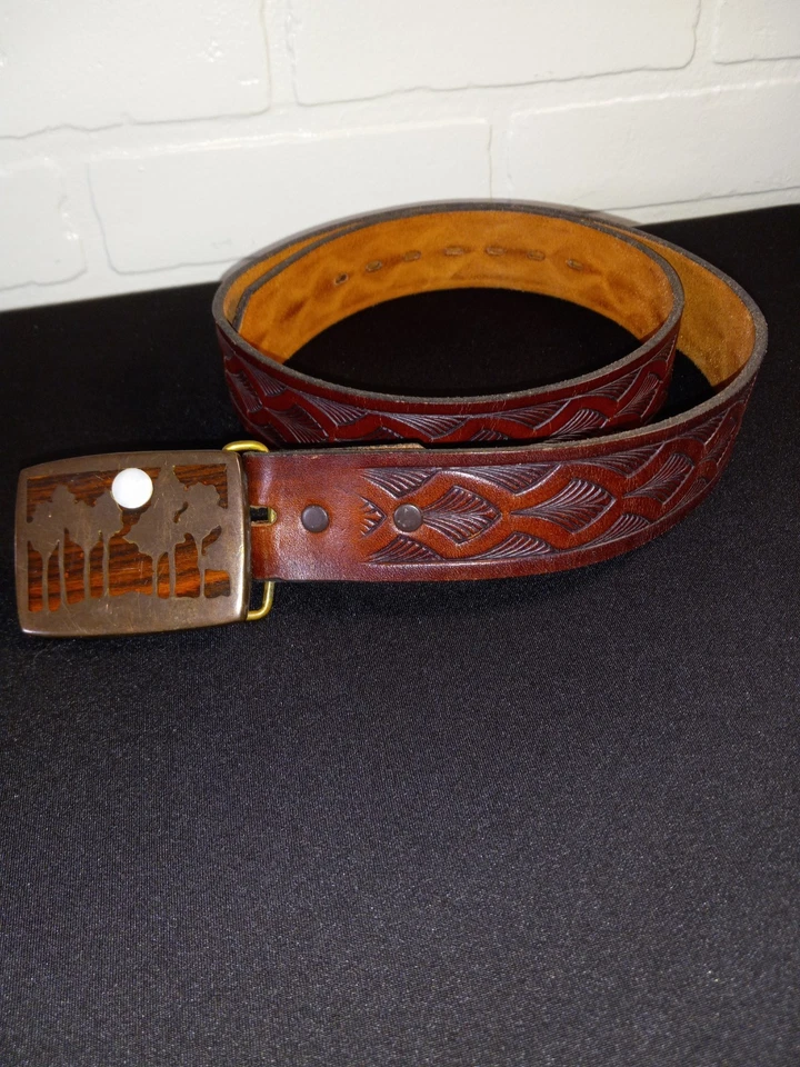 Cinto/fivela vintage árvores lua natureza bronze madrepérola madeira incrustação tamanho 36 - Imagem 2 de 4