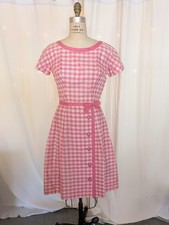 Vintage 1950s Pink White Dress Size 4 Plaid Check Picnic Bow Classic A-Line