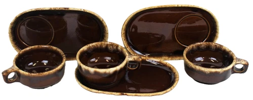 Hull Pottery Brown Drip Soup Mug Snack Tray Sandwich Oven Proof Vintage Set of 3