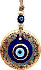 3.2" Glass Blue Evil Eye Wall Hanging Floral Design Gold Ornament - Home Protect