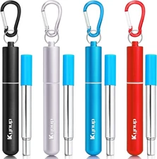 Kynup 4Packs Reusable Straws, Metal Straw with Small, Blue-Black-Red-Silver 