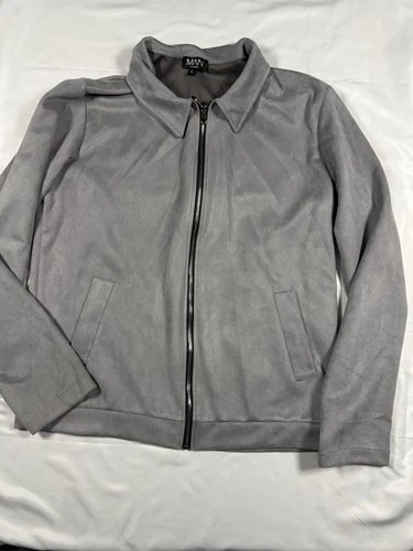 boohooMAN Men’s L Gray Faux Suede Style Zip Up Jacket Lightweight Collared - product listing photo
