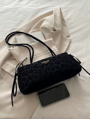 Women's Black Leopard Print Shoulder Bag, Nylon Baguette Tote Purse with Drawstr