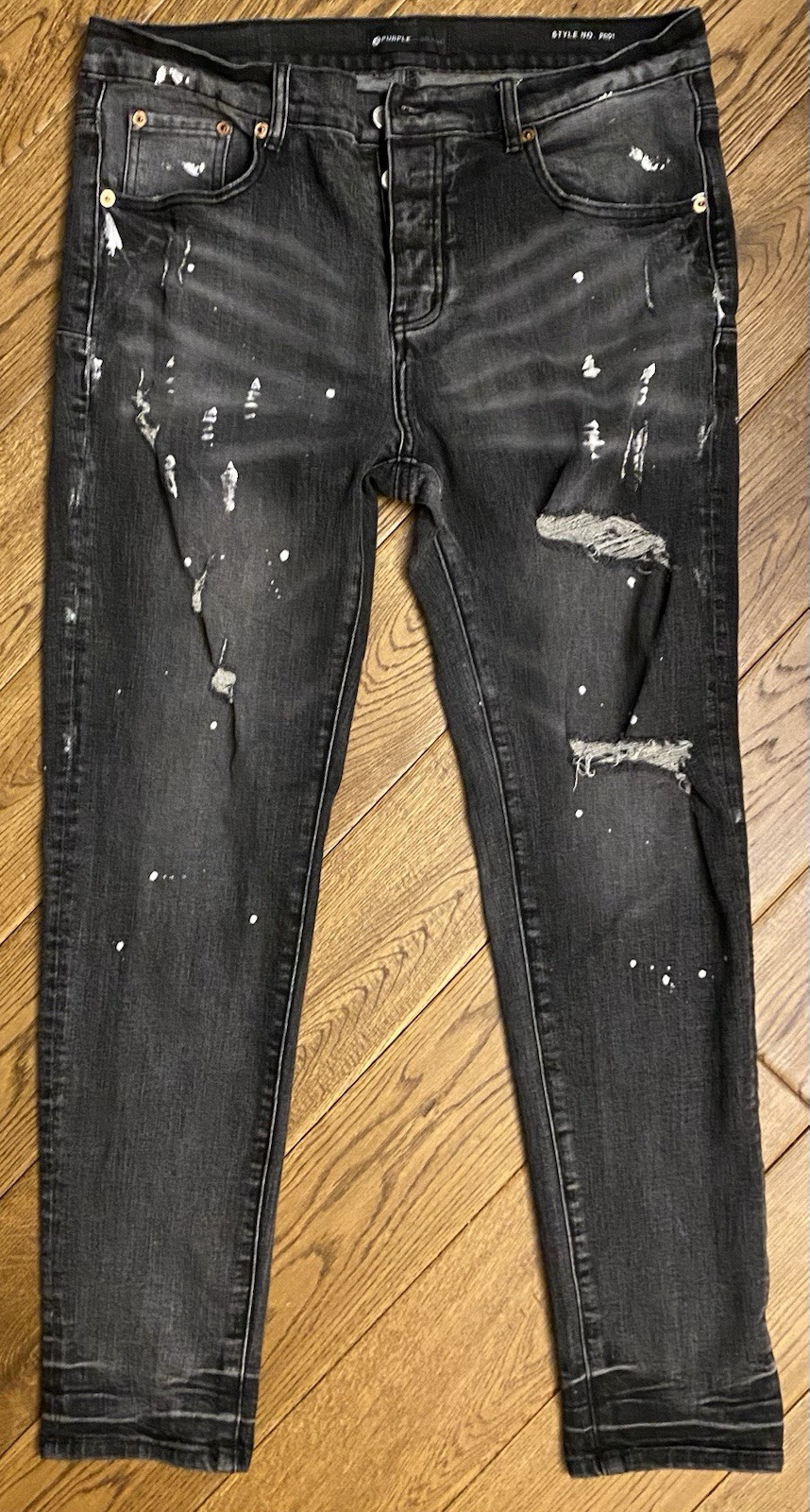 Purple Brand P001 Slim Jeans 36 x 32 Mens Distressed Paint Splatter Button Fly