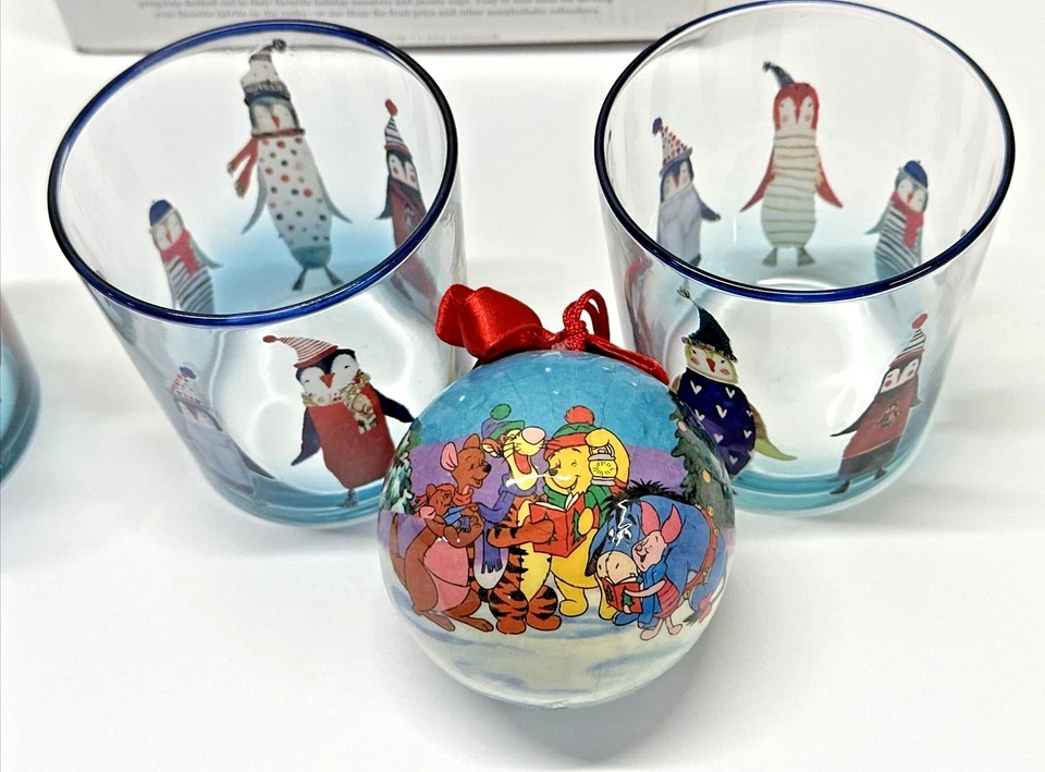 3 Williams Sonoma Natale Penguin Collection Old-Fashioned Glasses + Pooh Ornamnt - Image 4 of 4