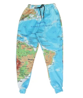 World Globe Map North Atlantic Ocean Elastic Drawstring Jogger Pants XS /882