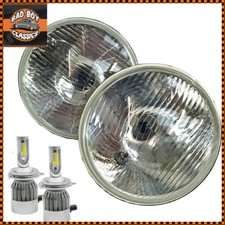 7" FLAT Classic Car Halogen Headlight Headlamps Pair + H4 LED Bulbs 