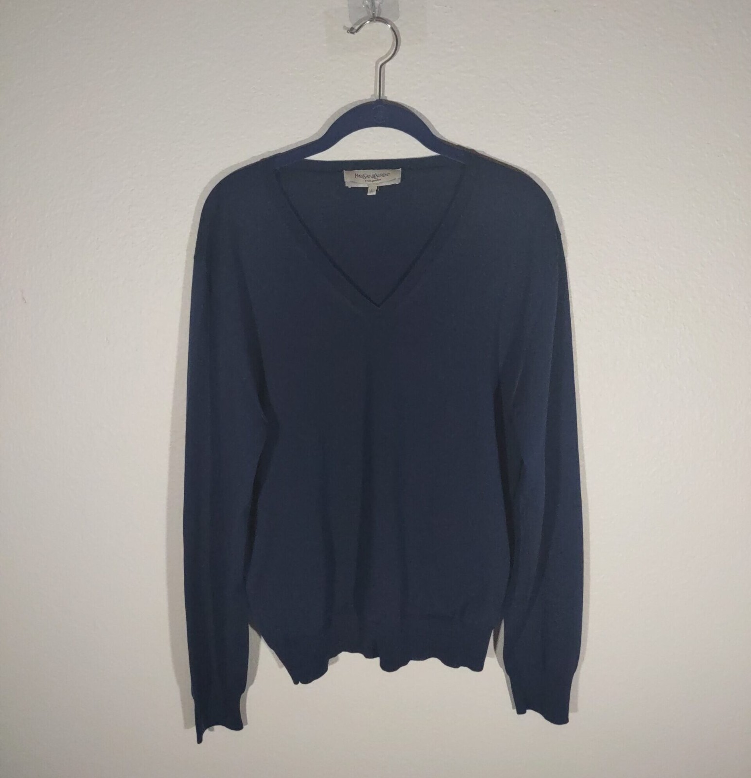 Maglione donna Yves Saint Laurent Rive Gauche blu navy lana scollo a V taglia large