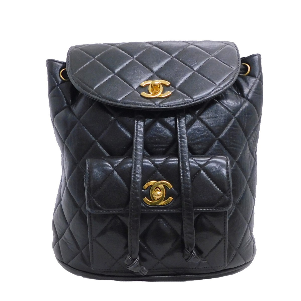 CHANEL ブラックレザー バッグ CHANEL Lamb Skin CoCo Mark Matelasse Black Backpack Bag #2796 Rise