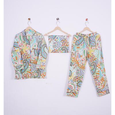 Indian Cotton PJs Suit Hand Block Paisley Print Women Night Wear Dress ITW-71