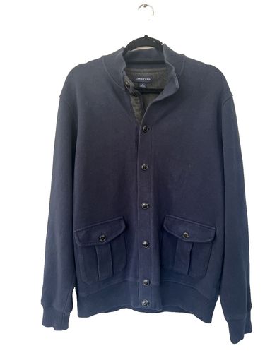 Lands End Lettermen Button Sweater Jacket Cotton Dark Blue SZ L 42-44 - 第 1/5 張圖片