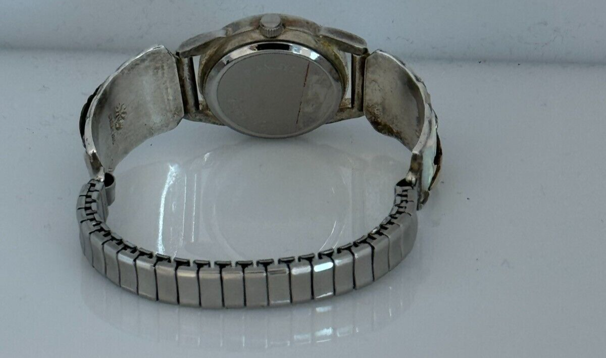 VTG Sterling Silver Opal Inlay Quartz Watch Southwest Style Navajo Handmade Opal Inlaid Sterling Silver Stretch Womens  main image 3