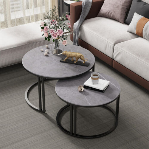 WISFOR Simple Nesting Table Circular Round Marble Tables Coffee Table White/Grey - Picture 6 of 19