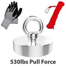 530lb Heavy-Duty Strong Neodymium Fishing Magnet with 65ft Nylon Rope and Gloves