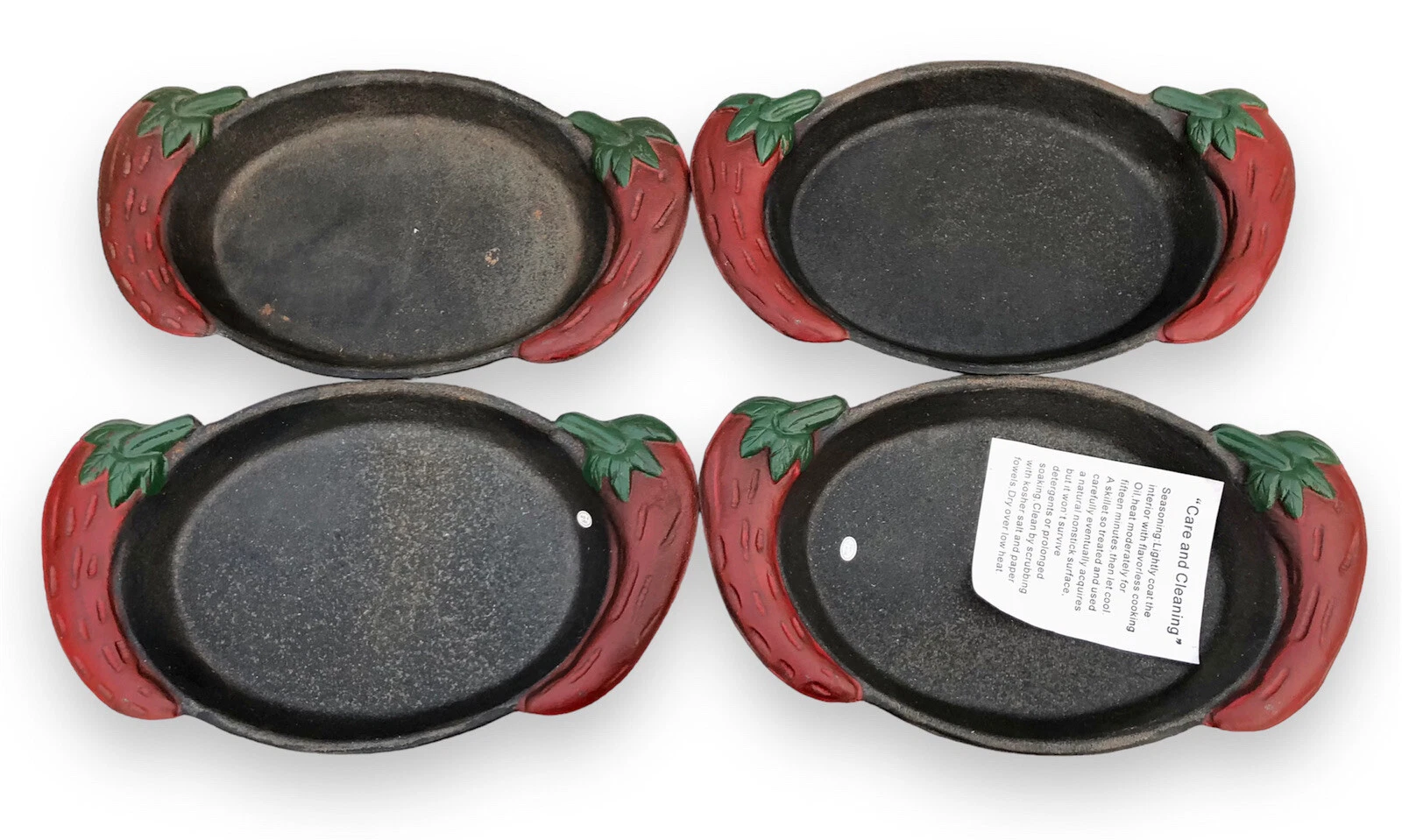 SET (4) 12" Cast Iron Fajita Griddles Plates RED CHILI PEPPER HANDLES Sizzler