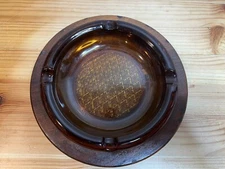 Vintage Mid Century Amber Federal Glass Cigar Cigarette Ashtray Wood Holder
