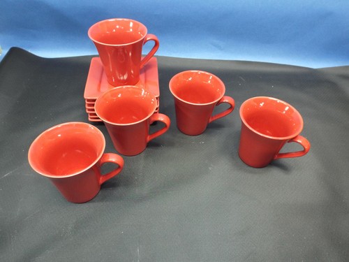 10 STRAWBERRY STREET Red Orange Tea Cups Coffee Mugs Square Saucer Plates - Picture 6 of 8