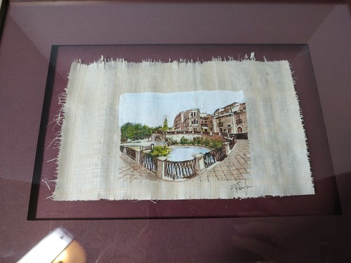 Dipinto originale papiro piazza italiana opacizzato e incorniciato firmato 11,5 x 14 in - Foto 4 di 12