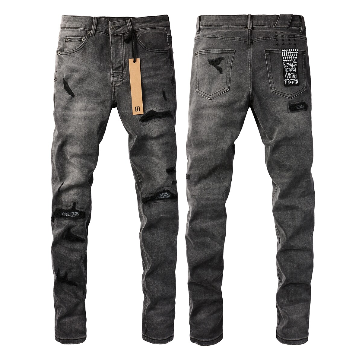 NEW KSUBI Men's Dark Gray Patch Distressed Pants High Street