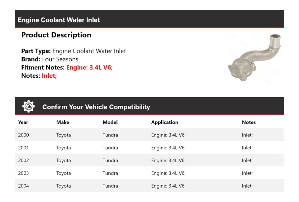 Entrada de agua refrigerante motor V6 3,4 L para Toyota Tundra 2000-2004 4 estaciones 2001 Foto 2 de 4