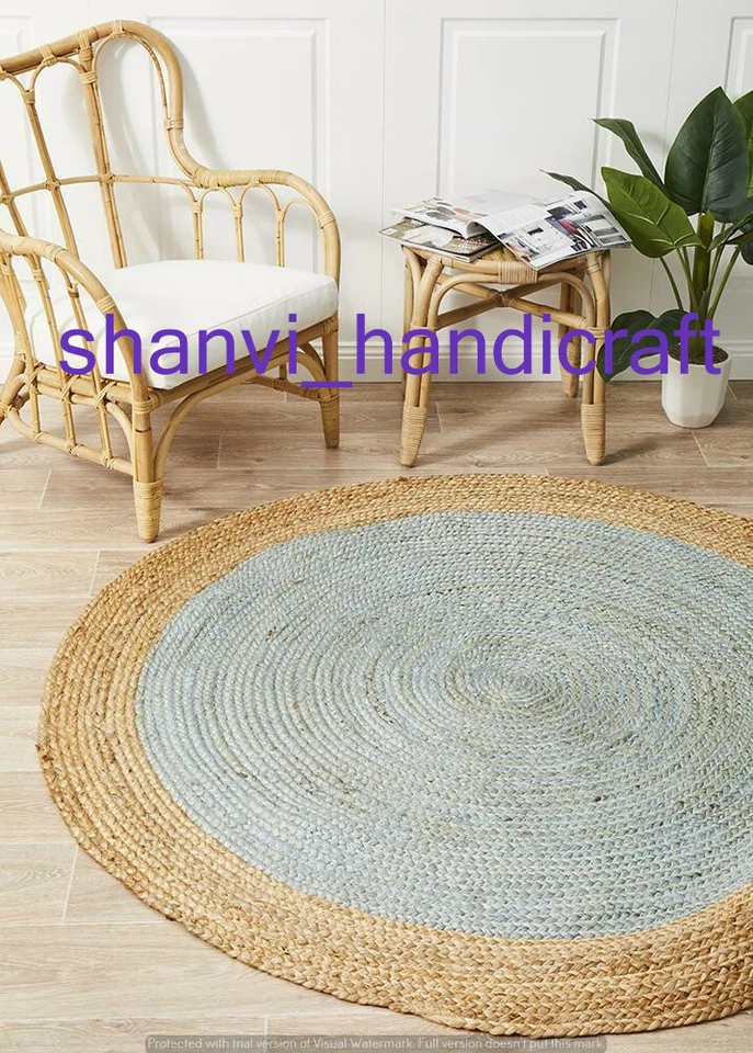 Natural Multi Colour Jute Mat Rugs Floor Home Living Round Braided Indian Carpet - Image 2 of 4