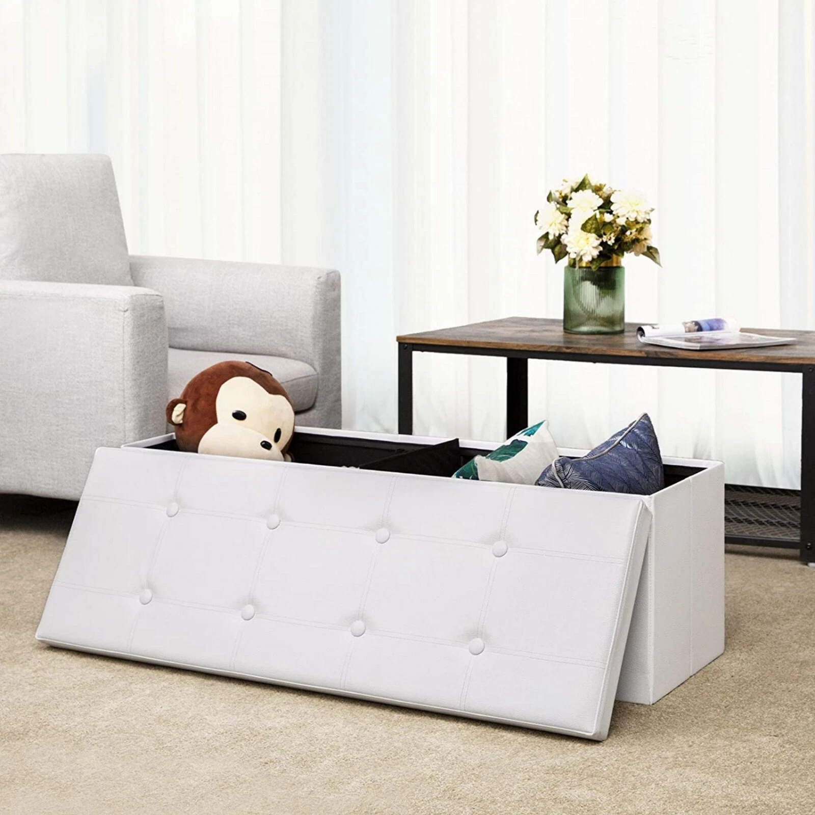 Faux Leather Folding Storage Ottoman Bench 43 inch - White image 7